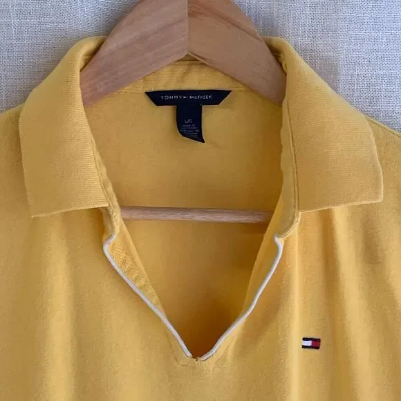 Tommy Hilfiger Womens Logo Polo Top Size L Yellow Tennis Prep Old Money Y2K Golf - Picture 13 of 15